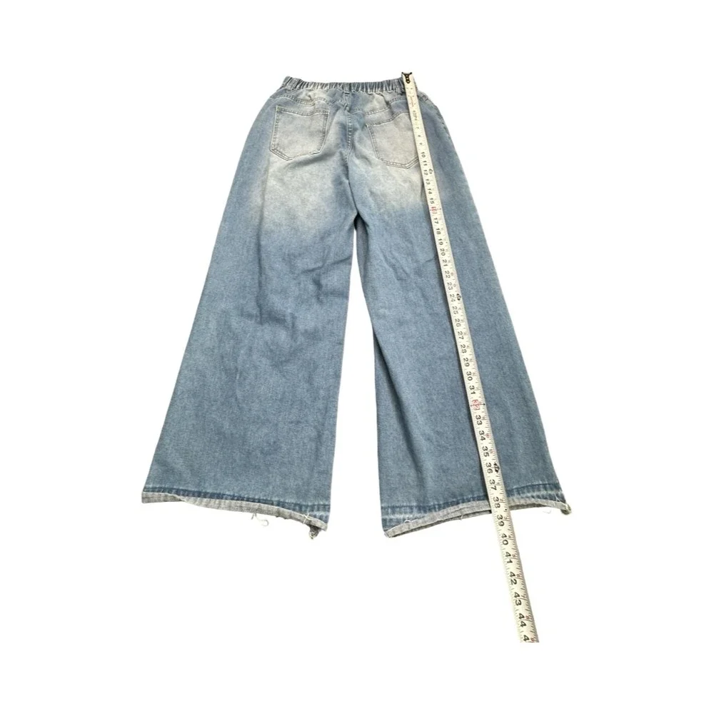 SHEIN Curve Jeans Womens 0XL Light Wash Star Patchwork Wide Leg Distressed Denim - Picture 6 of 11